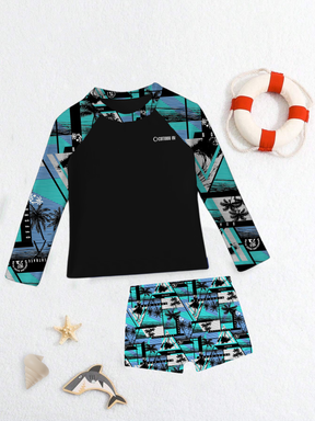 Conjunto Praia Infantil Menino Camisa Manga Longa Blusa Proteção UV e Sunga Estampada Kit Masculino Verão Premium