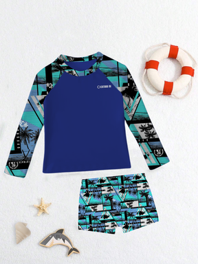 Conjunto Praia Infantil Menino Camisa Manga Longa Blusa Proteção UV e Sunga Estampada Kit Masculino Verão Premium