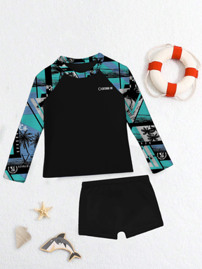 Conjunto Praia Infantil Menino Camisa Manga Longa Blusa Proteção UV e Sunga Estampada Kit Masculino Verão Premium