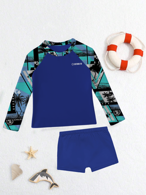 Conjunto Praia Infantil Menino Camisa Manga Longa Blusa Proteção UV e Sunga Estampada Kit Masculino Verão Premium